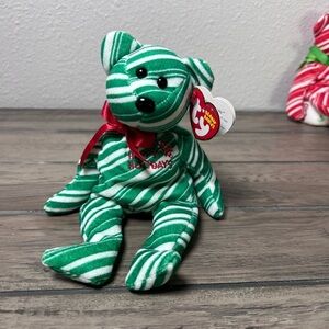 Ty Beanie Baby 2007 *Holiday Teddy* Green Candy Cane Striped •Tags Attached•
